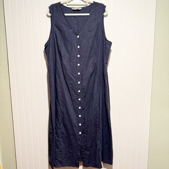 Avenue Dresses & Skirts - Soft by Avenue Blue Linen Sleeveless Dress Button Front Midi Length Plus Size 22